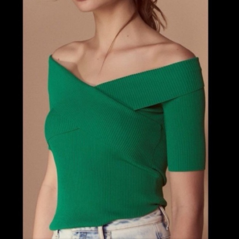 Sandro Galina Off The Shoulder Ribbed Knit Top Shirt in Green